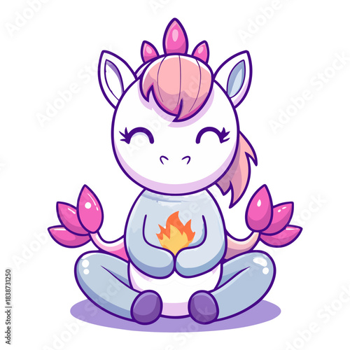 A charming illustration of a white and pink unicorn sitting in a lotus position, eyes closed in meditation, holding a small flame in its hands, symbolizing inner energy or spirit.