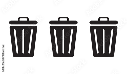  Three identical black trash cans in a row with lids silhouette