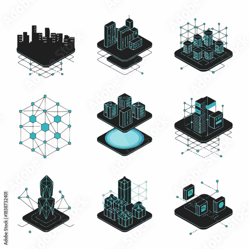 Isolated futuristic cityscape with interconnected nodes and digital networks, representing technology and urban development