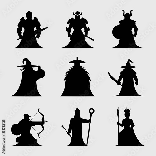 Collection of nine fantasy characters silhouettes with various weapons and attire, isolated on