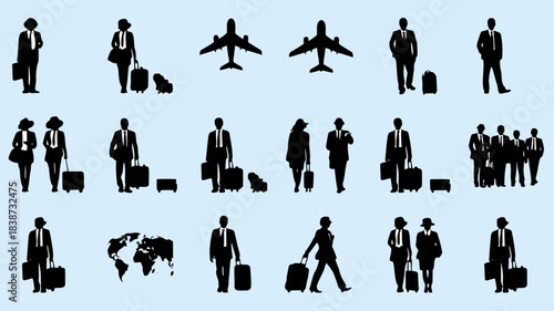 Silhouettes of people with luggage and airplanes representing travel and airport scenes