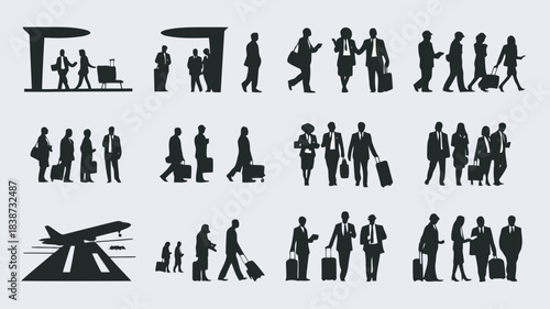 Silhouettes of people walking, standing, and interacting in various poses and group formations, black and white vector illustration