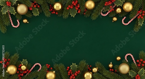 Christmas border with holly, candy canes, and ornaments on a dark green background