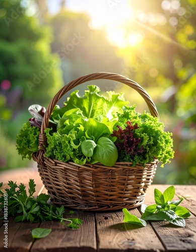 Freshly picked organic green salad leaves in a rustic basket on a wooden table outdoors, bathed in warm sunlight.