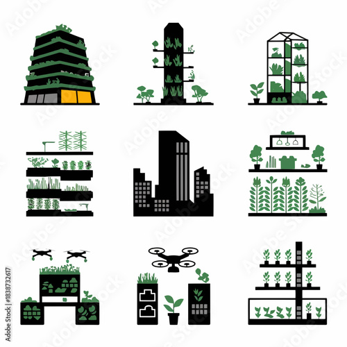 Modern urban cityscape with green buildings, vertical gardens, and ecofriendly infrastructure, including drones and renewable energy solutions