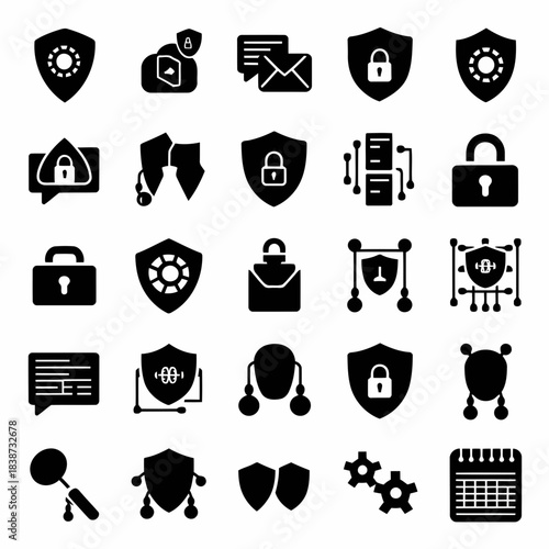 Set of security and privacy icons including lock, shield, key, and data protection symbols