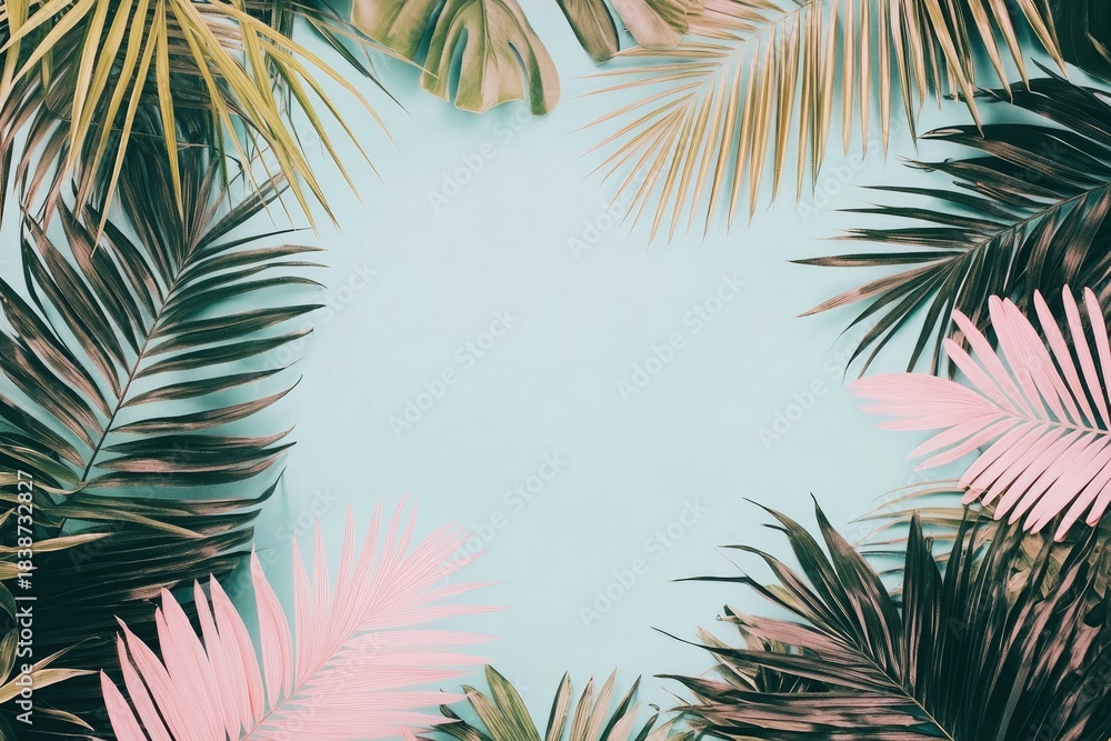 Fototapeta premium Tropical leaves border blue, pink, and golden hues
