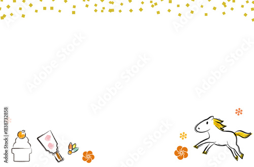 鏡餅と羽子板と馬の年賀状テンプレート（和風・午年）