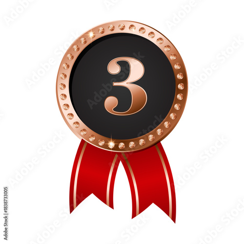 Luxury bronze award medal with number 3,red ribbon. Premium glossy design for sport, achievement, competition. Elegant vector illustration success, recognition symbol on white background