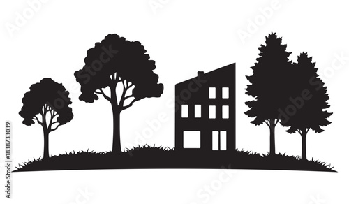  Modern building surrounded by trees and grass silhouette
