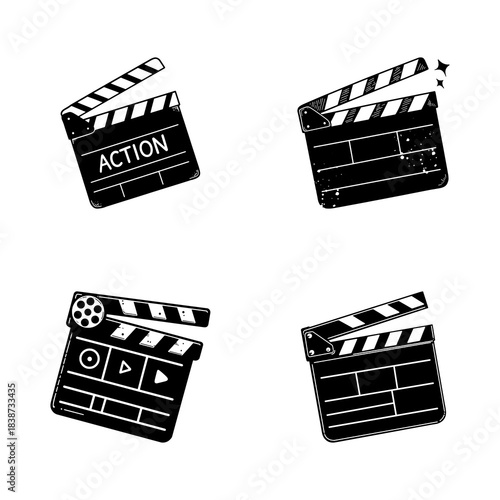 Set of Four Black and White Movie Clapperboard Icons Collection
