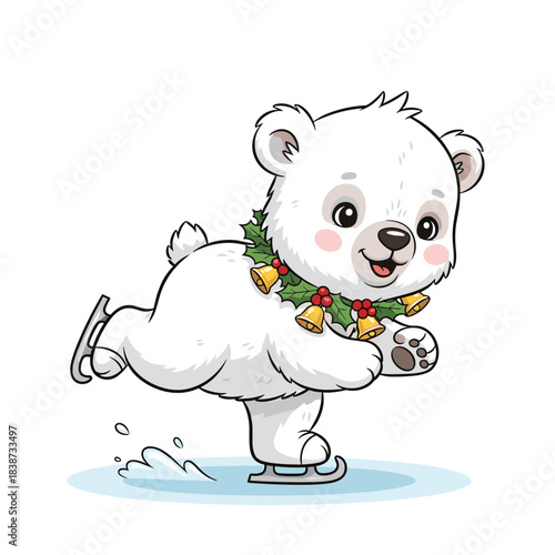 Cute polar bear cub ice skating, cheerful mood, wearing festive garland, colorful vector art, copy space