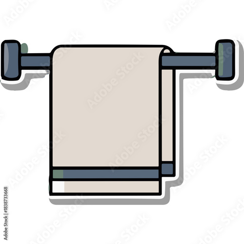 Soft beige towel hanging on a minimalist dark grey metal bar against a stark black background with subtle shadow effects suggesting a modern bathroom aesthetic