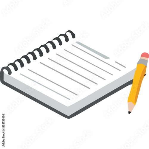 Spiral Bound Notepad and Yellow Pencil on Black Background Isometric View Detailed Illustration of Writing and Planning Tools