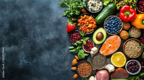 A colorful assortment of fruits and vegetables on a dark background, including strawberries, avocados, bell peppers, and other fresh produce.