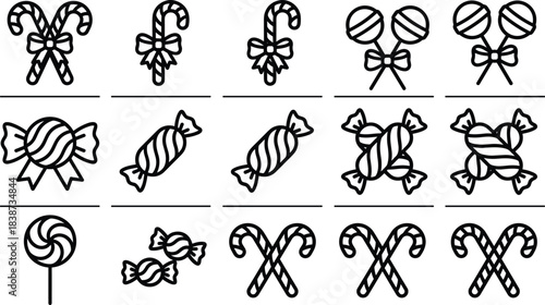 Black and white candy icon set featuring lollipops, candy canes, and wrapped sweets in a playful grid for design use