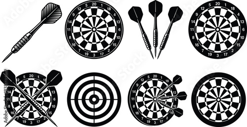 Black and White Dartboard and Dart Icons Set for Sports, Target Practice, Game Strategy, Competition, and Precision Concept Designs