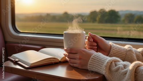 Female hands holding white mug with hot drink near window during sunset with open journal on table, golden hour journey concept.