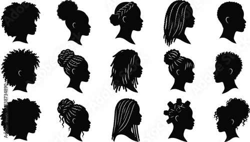 Black Silhouette Hairstyles Collection Featuring Diverse Afro, Braids, Locs, Twists, Buns, and Natural Hair Profiles in Artistic Vector Style