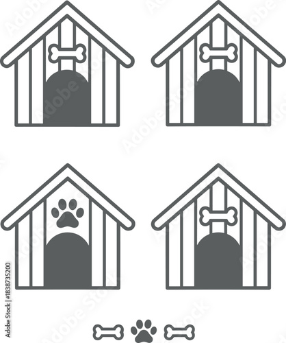 Doghouse Silhouette Collection Featuring Bone and Paw Symbols for Pet Shelter, Puzzle, Icon Matching, and Graphic Design Use