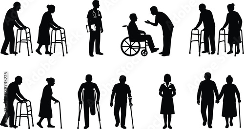 Elderly care and mobility icon set in black silhouette featuring seniors, walkers, wheelchairs, and healthcare professionals for design use