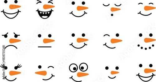 Expressive snowman face icon set with carrot noses and varied emotions in black and orange for winter and festive designs