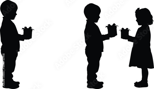 Children silhouette illustrations, gift box exchange, black vector icons, festive gesture poses, holiday giving concept, minimal design pack