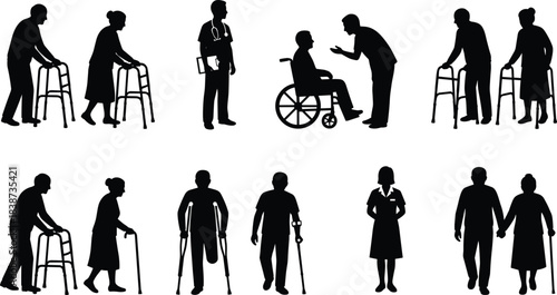 Healthcare and elderly support icon set in black silhouette showing mobility aids, caregiving, and medical assistance for aging-themed designs