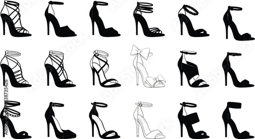 High Heel Shoe Silhouette Collection Featuring Straps, Bows, Open Toes, and Stylish Heel Shapes for Fashion and Design Use