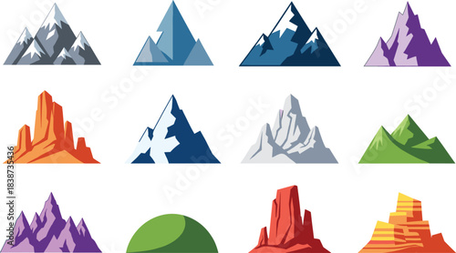 Collection of colorful mountain and rock formation vector illustrations featuring snowy peaks, cliffs, hills, and diverse natural landscapes