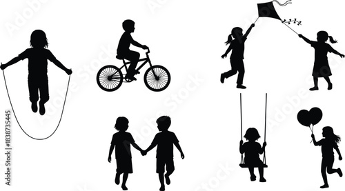 Children silhouette illustrations, outdoor activities, jumping rope, biking, swinging, kite flying, playful poses, black vector icons, minimal design
