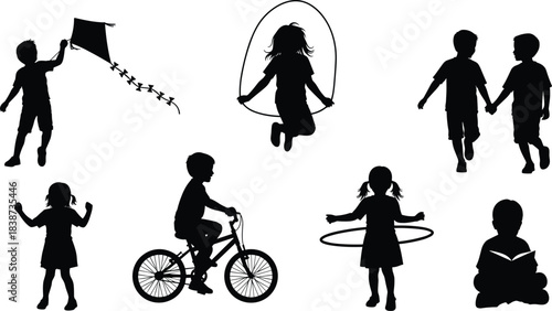 Children silhouette illustrations, outdoor activities, kite flying, biking, reading, hula hoop, playful poses, black vector icons, minimal design
