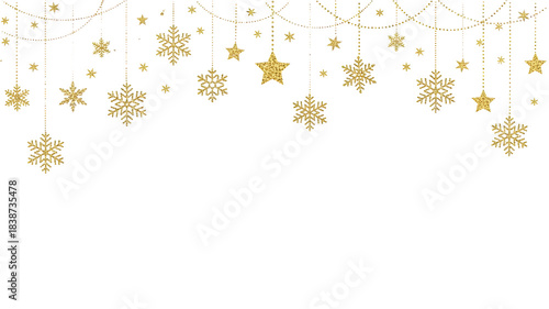 Glittering gold snowflakes and stars hanging border frame decoration isolated on transparent background for christmas and new year holiday design