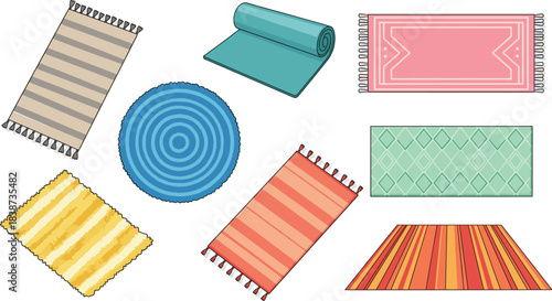 Collection of colorful rug and carpet vector illustrations featuring various shapes, patterns, textures, and decorative home interior designs