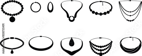 Jewelry Silhouette Collection Featuring Necklaces and Earrings in Various Styles Including Beaded, Hoop, Choker, Pendant, and Layered Designs