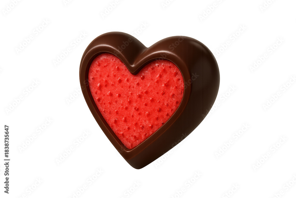 Obraz premium Chocolate heart candy with red fruity filling on transparent background