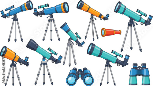 Collection of colorful telescope and binoculars vector illustrations featuring astronomy equipment, stargazing tools, and optical viewing devices on tripods