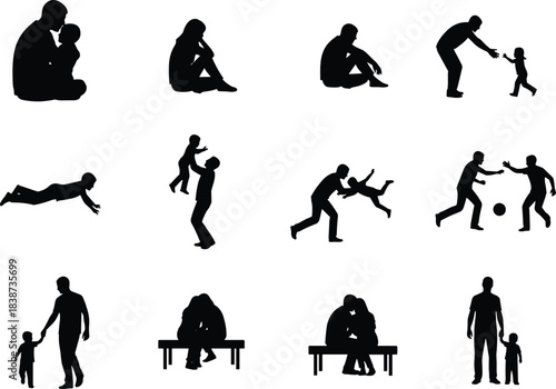 Silhouette scenes of adults and children interacting in emotional, playful, and caring moments for family, parenting, and lifestyle concepts