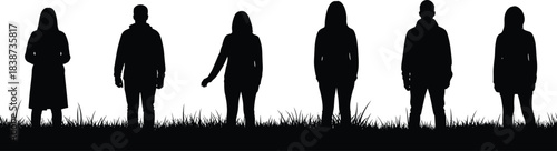Silhouetted people, standing figures, black silhouettes, diverse postures, fashion outlines, unity concept, identity theme, grassy surface, artistic design, vector illustration