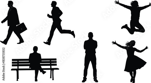 Human silhouettes, active poses, walking, running, jumping, sitting, standing, black icons, body language, vector people, artistic design, movement gestures