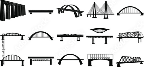 Collection of diverse bridge silhouette vector illustrations featuring architectural structures, modern designs, and engineering elements for construction projects
