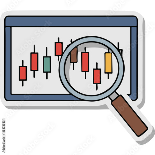 Stock Market Candlestick Chart Analysis Through Magnifying Glass With Red Green Yellow Candles On White Background Detailed Illustration