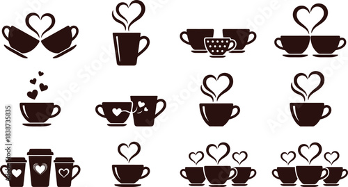 Stylized coffee cup icon set with heart steam and romantic mug designs in brown silhouette for café and love-themed projects
