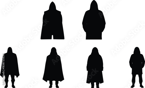 Hooded silhouettes, mysterious figures, cloaked characters, black icons, fantasy design, concept art, standing poses, vector illustration, anonymity theme, artistic style