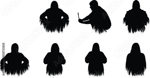 Seated silhouettes, black figure icons, diverse postures, human gestures, grassy texture, artistic design, identity theme, vector people, relaxed poses, seated characters