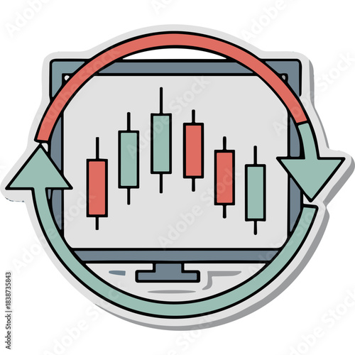 Stock Market Candlestick Chart Displayed On Computer Monitor With Circular Arrows Indicating Trading Cycle And Data Analysis In Light Blue And Red Tones Isolated On White Background