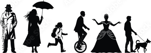 Silhouetted characters, diverse human figures, walking, running, jumping, sitting, dog walking, umbrella, unicycle, artistic design, vector illustration