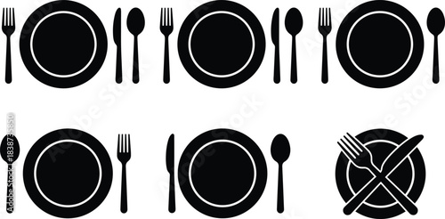 Table setting silhouette icon set featuring six black arrangements of plates, forks, knives, and spoons for dining etiquette design use.