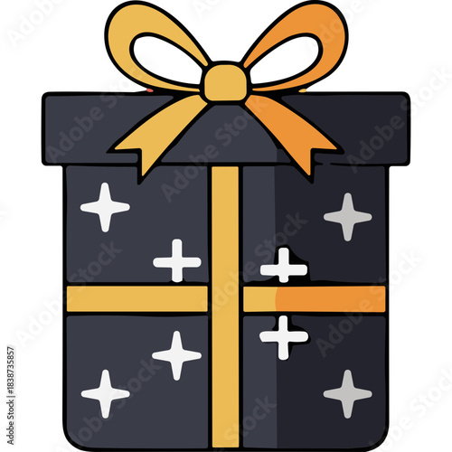 Striking Black Gift Box with Golden Ribbon and Festive Sparkles Awaiting Celebration or Surprise on White Background Simple Illustration Style