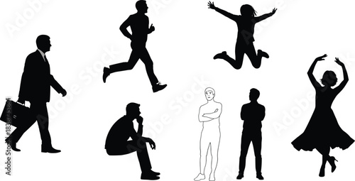 Human silhouettes, walking, running, jumping, sitting, dancing, business attire, body language, black icons, vector people, artistic poses